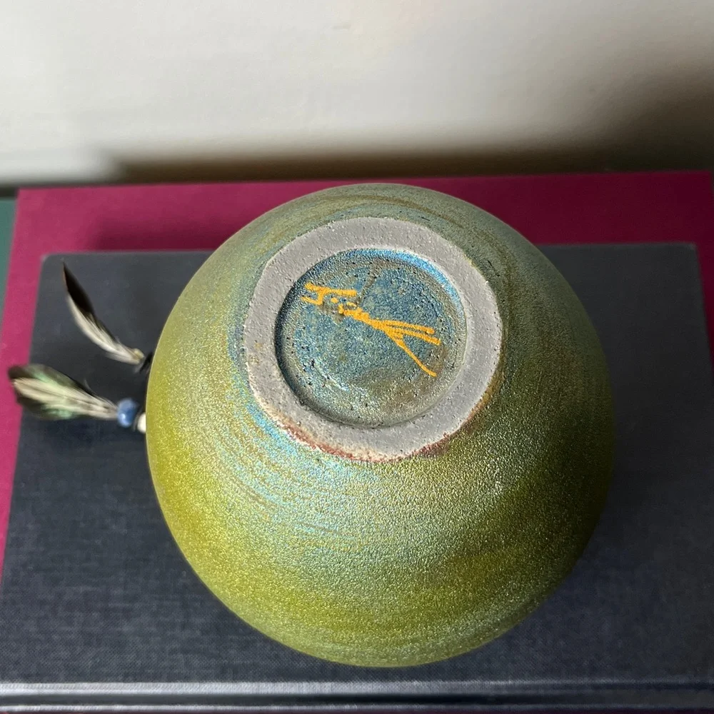 New‎ Raku Pottery Works Green Southwestern Spirit Jar Signed Jeremy Diller